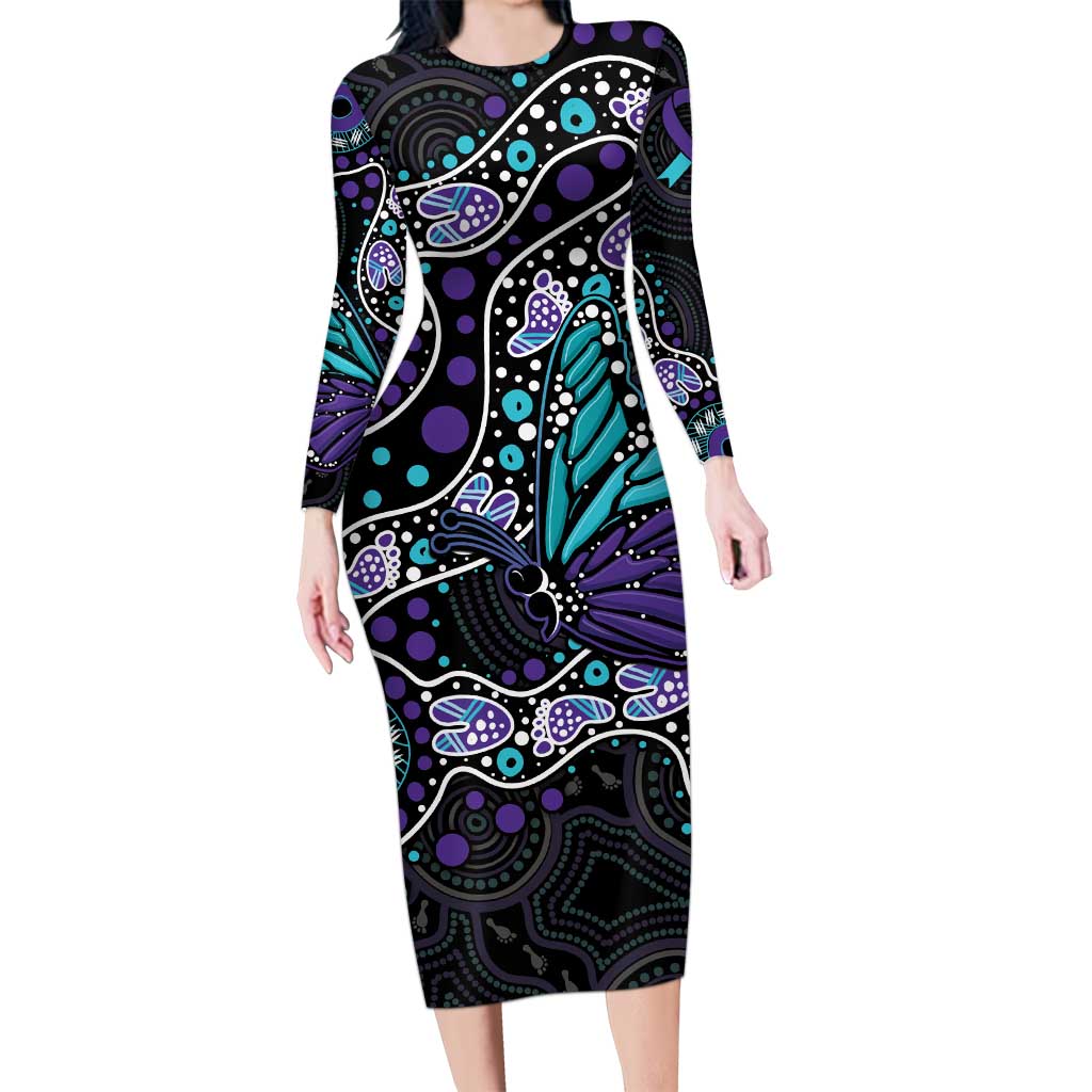 Australia Indigenous Long Sleeve Bodycon Dress Teal & Purple Ribbon Butterfly Aboriginal Arts