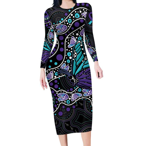 Australia Indigenous Long Sleeve Bodycon Dress Teal & Purple Ribbon Butterfly Aboriginal Arts