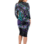 Australia Indigenous Long Sleeve Bodycon Dress Teal & Purple Ribbon Butterfly Aboriginal Arts