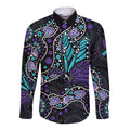 Australia Indigenous Long Sleeve Button Shirt Teal & Purple Ribbon Butterfly Aboriginal Arts
