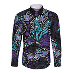Australia Indigenous Long Sleeve Button Shirt Teal & Purple Ribbon Butterfly Aboriginal Arts
