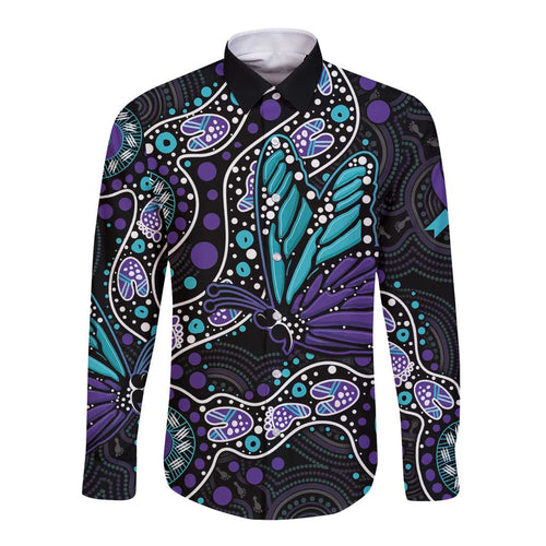 Australia Indigenous Long Sleeve Button Shirt Teal & Purple Ribbon Butterfly Aboriginal Arts