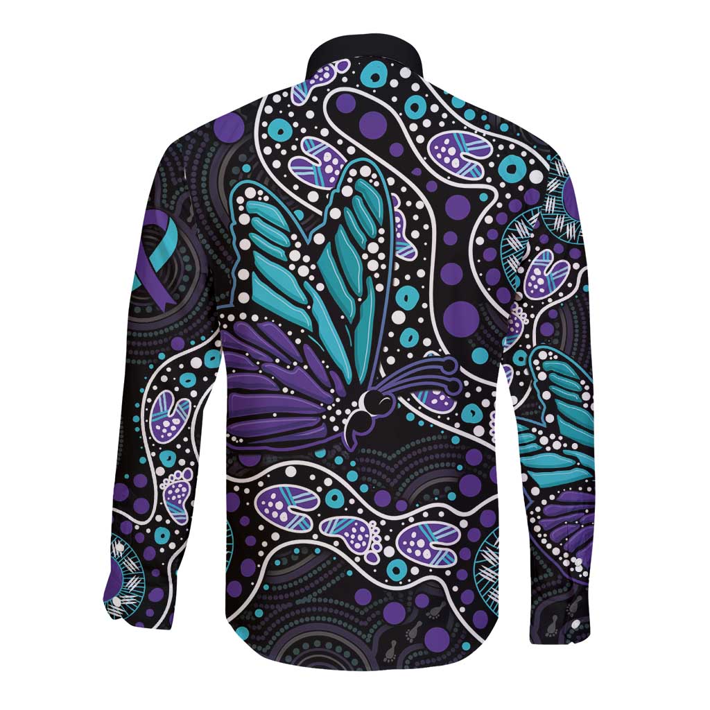 Australia Indigenous Long Sleeve Button Shirt Teal & Purple Ribbon Butterfly Aboriginal Arts