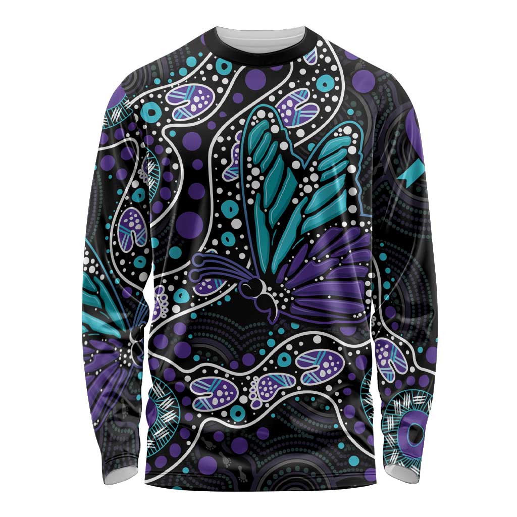 Australia Indigenous Long Sleeve Shirt Teal & Purple Ribbon Butterfly Aboriginal Arts