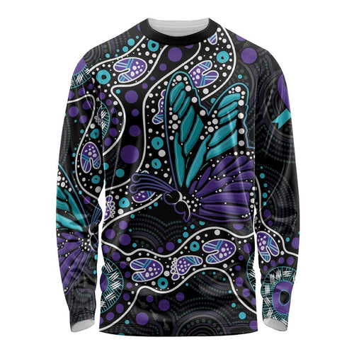 Australia Indigenous Long Sleeve Shirt Teal & Purple Ribbon Butterfly Aboriginal Arts