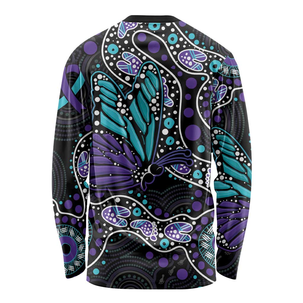 Australia Indigenous Long Sleeve Shirt Teal & Purple Ribbon Butterfly Aboriginal Arts