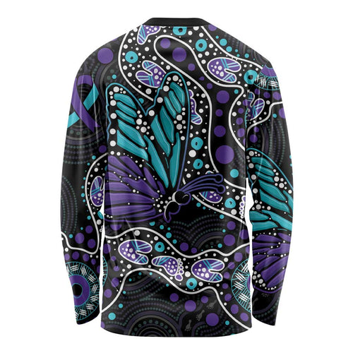 Australia Indigenous Long Sleeve Shirt Teal & Purple Ribbon Butterfly Aboriginal Arts