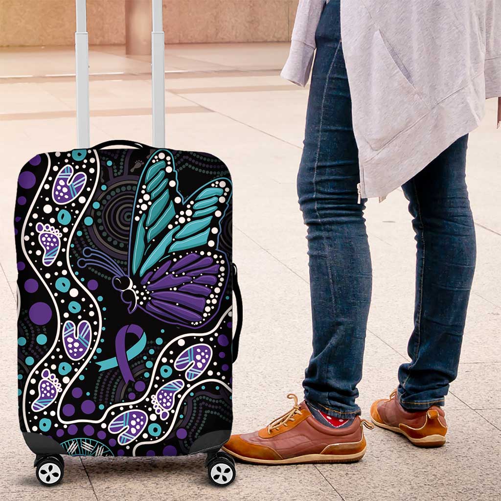 Australia Indigenous Luggage Cover Teal & Purple Ribbon Butterfly Aboriginal Arts