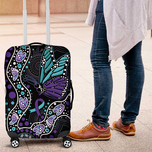 Australia Indigenous Luggage Cover Teal & Purple Ribbon Butterfly Aboriginal Arts