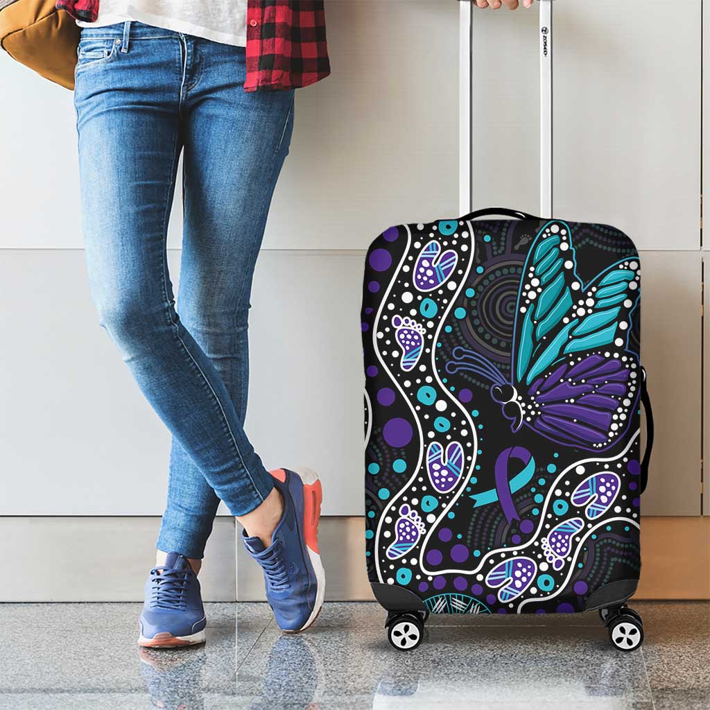 Australia Indigenous Luggage Cover Teal & Purple Ribbon Butterfly Aboriginal Arts