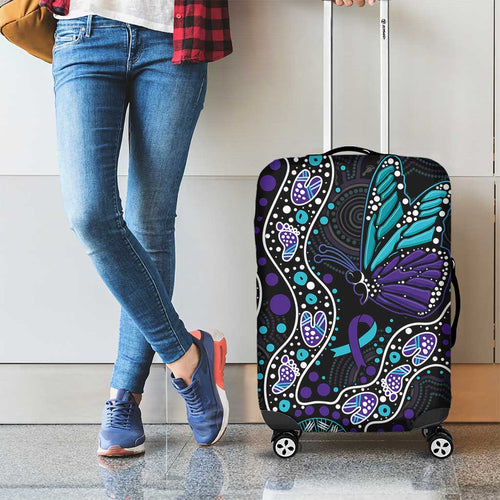 Australia Indigenous Luggage Cover Teal & Purple Ribbon Butterfly Aboriginal Arts