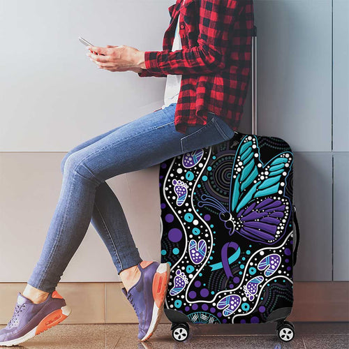Australia Indigenous Luggage Cover Teal & Purple Ribbon Butterfly Aboriginal Arts