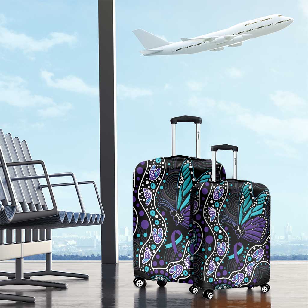 Australia Indigenous Luggage Cover Teal & Purple Ribbon Butterfly Aboriginal Arts