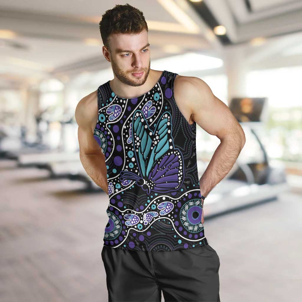 Australia Indigenous Men Tank Top Teal & Purple Ribbon Butterfly Aboriginal Arts