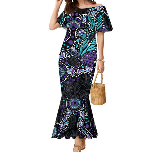 Australia Indigenous Mermaid Dress Teal & Purple Ribbon Butterfly Aboriginal Arts