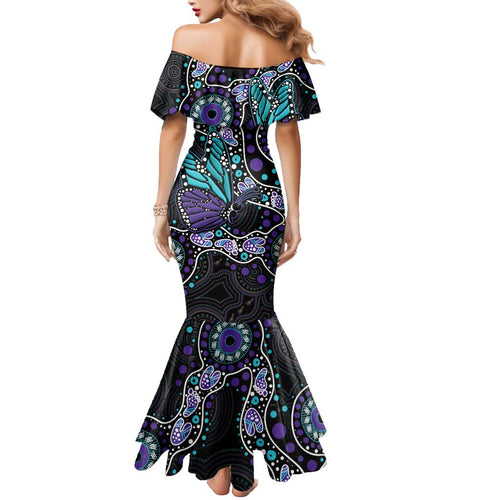 Australia Indigenous Mermaid Dress Teal & Purple Ribbon Butterfly Aboriginal Arts