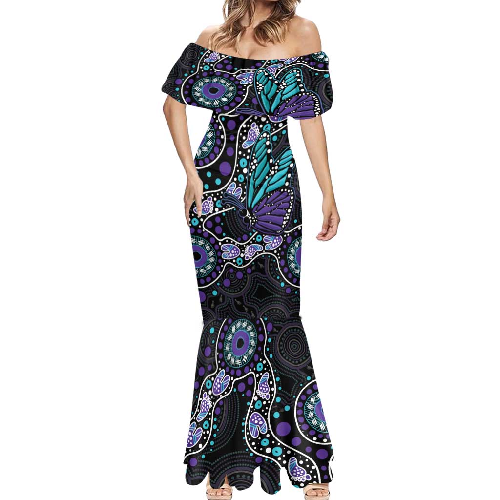 Australia Indigenous Mermaid Dress Teal & Purple Ribbon Butterfly Aboriginal Arts