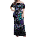 Australia Indigenous Off Shoulder Maxi Dress Teal & Purple Ribbon Butterfly Aboriginal Arts