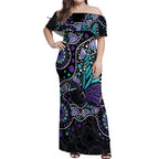 Australia Indigenous Off Shoulder Maxi Dress Teal & Purple Ribbon Butterfly Aboriginal Arts