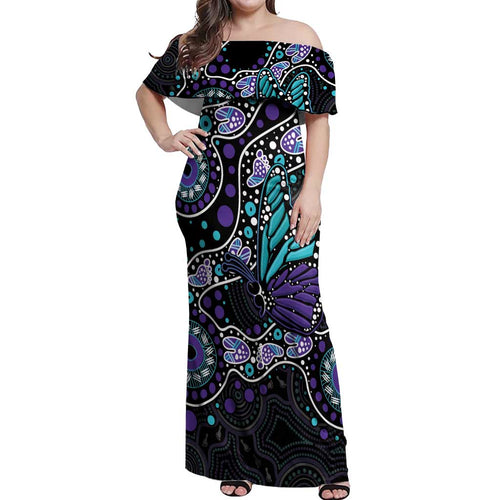 Australia Indigenous Off Shoulder Maxi Dress Teal & Purple Ribbon Butterfly Aboriginal Arts