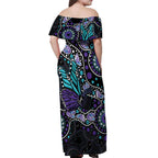 Australia Indigenous Off Shoulder Maxi Dress Teal & Purple Ribbon Butterfly Aboriginal Arts