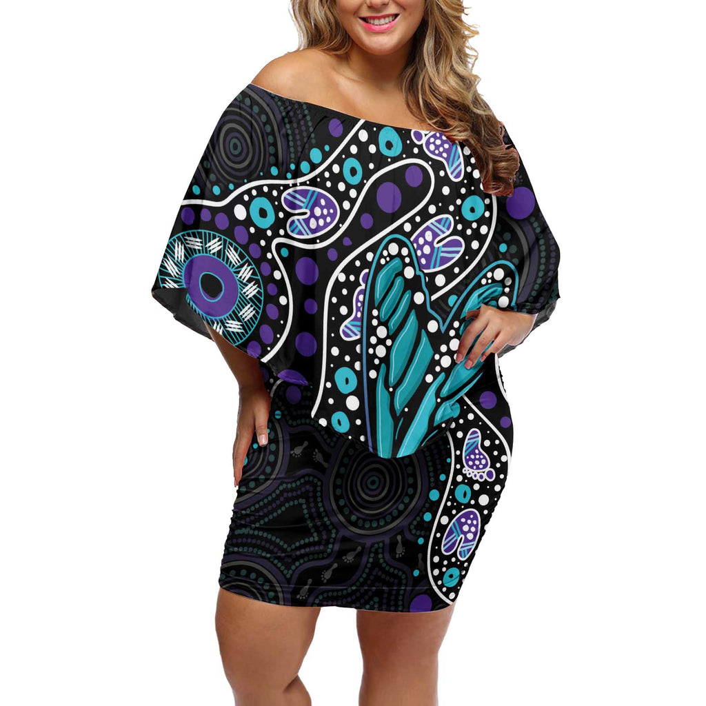 Australia Indigenous Off Shoulder Short Dress Teal & Purple Ribbon Butterfly Aboriginal Arts