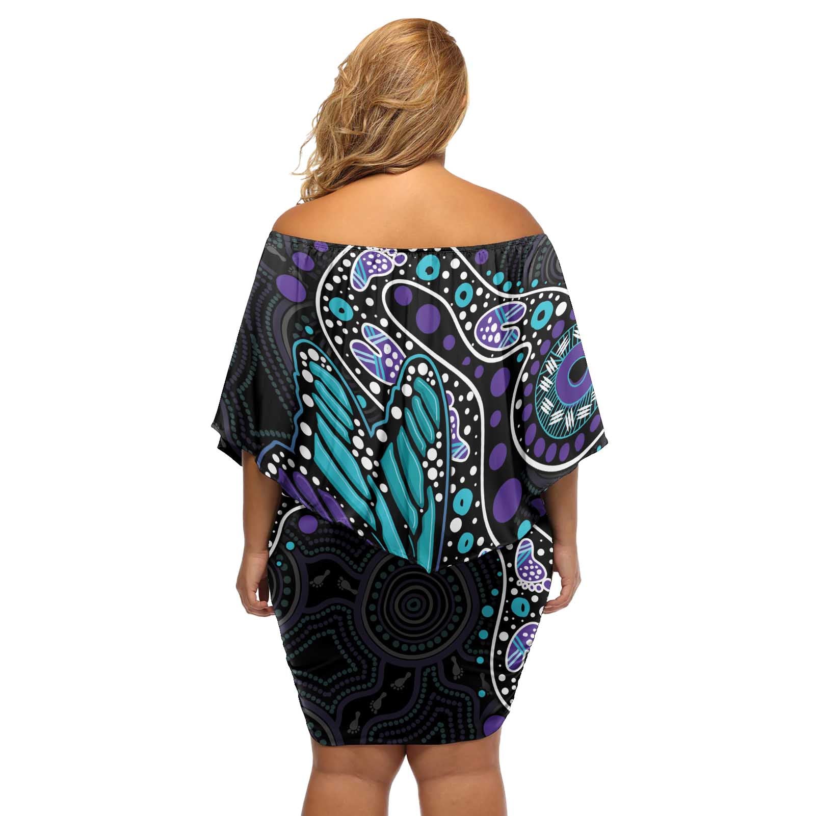 Australia Indigenous Off Shoulder Short Dress Teal & Purple Ribbon Butterfly Aboriginal Arts