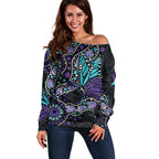 Australia Indigenous Off Shoulder Sweater Teal & Purple Ribbon Butterfly Aboriginal Arts