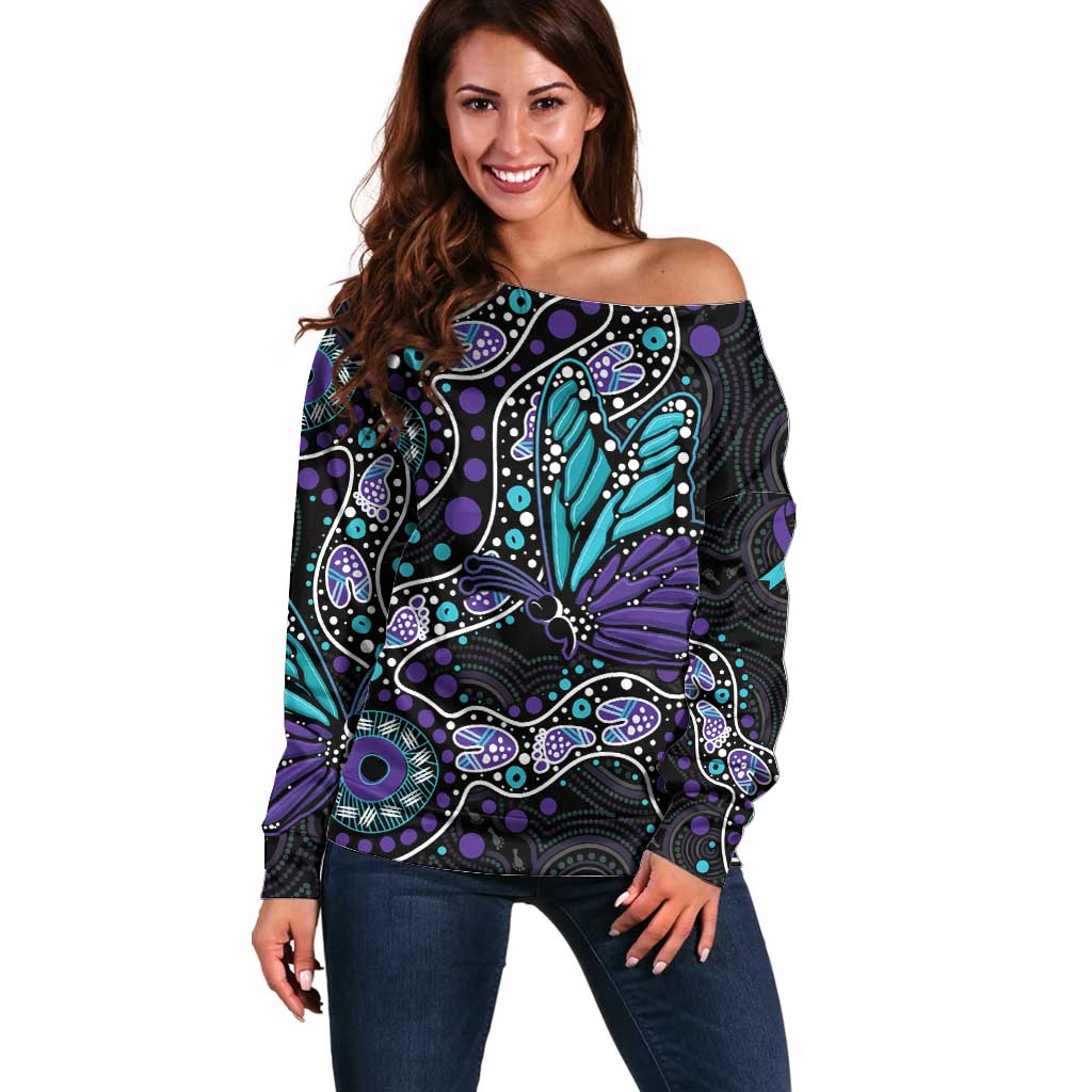 Australia Indigenous Off Shoulder Sweater Teal & Purple Ribbon Butterfly Aboriginal Arts