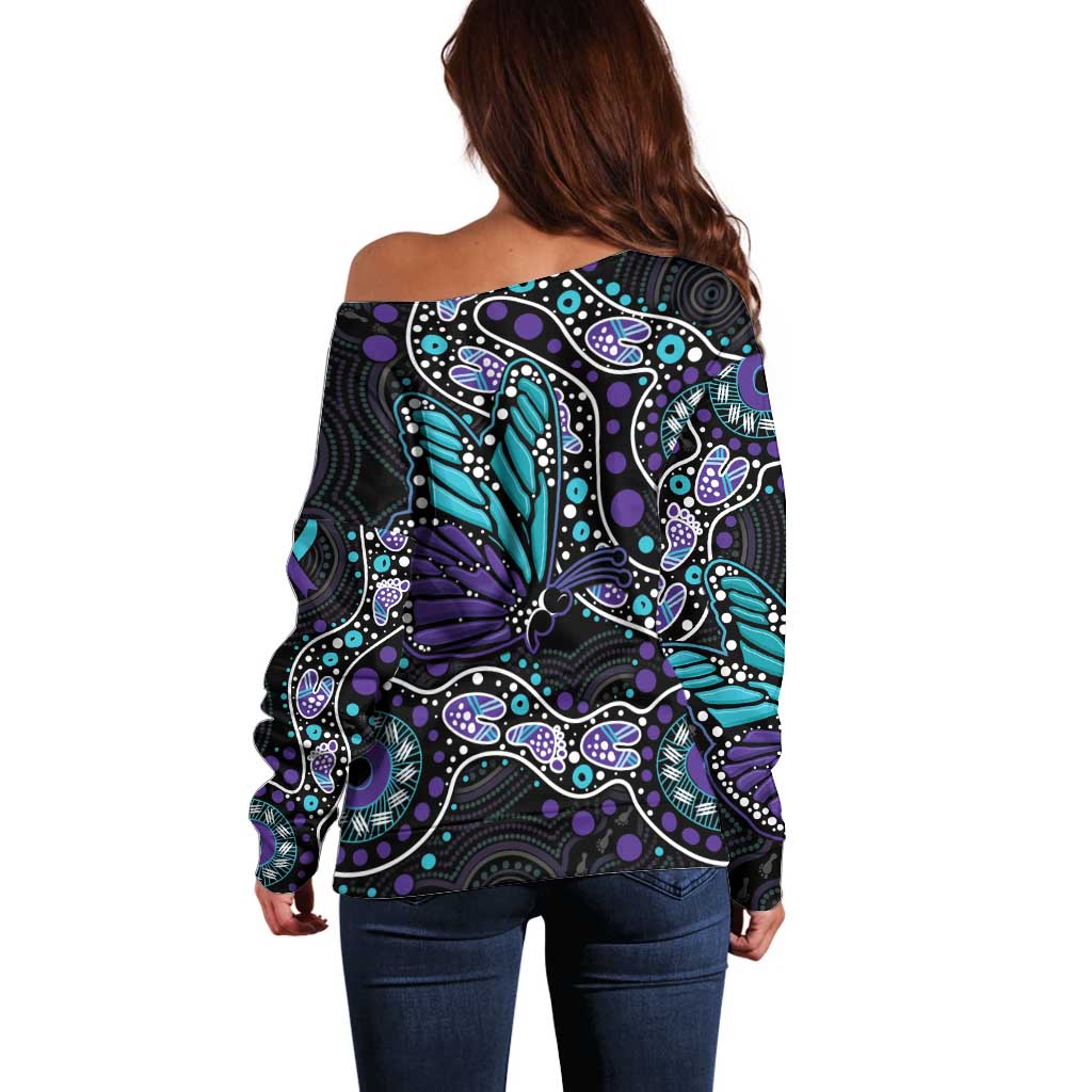 Australia Indigenous Off Shoulder Sweater Teal & Purple Ribbon Butterfly Aboriginal Arts