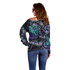 Australia Indigenous Off Shoulder Sweater Teal & Purple Ribbon Butterfly Aboriginal Arts
