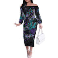 Australia Indigenous Off The Shoulder Long Sleeve Dress Teal & Purple Ribbon Butterfly Aboriginal Arts