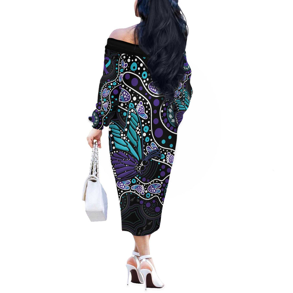 Australia Indigenous Off The Shoulder Long Sleeve Dress Teal & Purple Ribbon Butterfly Aboriginal Arts