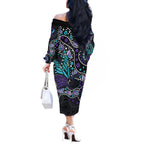 Australia Indigenous Off The Shoulder Long Sleeve Dress Teal & Purple Ribbon Butterfly Aboriginal Arts