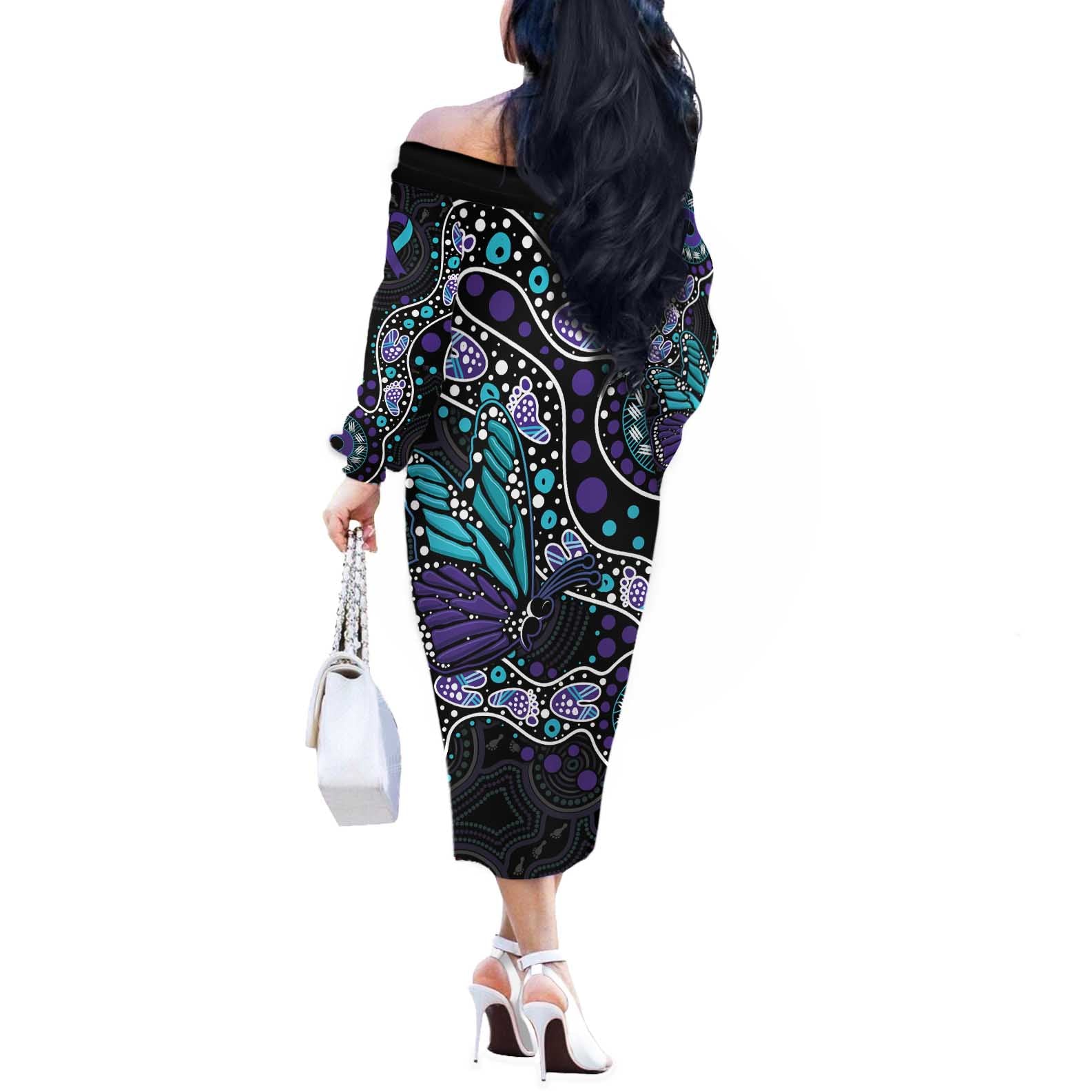 Australia Indigenous Off The Shoulder Long Sleeve Dress Teal & Purple Ribbon Butterfly Aboriginal Arts