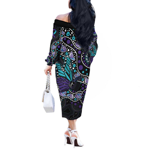 Australia Indigenous Off The Shoulder Long Sleeve Dress Teal & Purple Ribbon Butterfly Aboriginal Arts