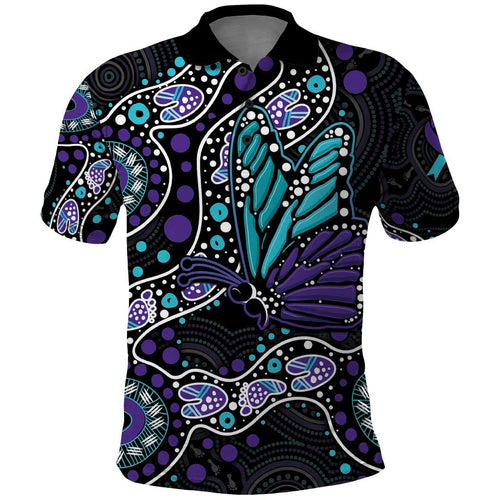 Australia Indigenous Polo Shirt Teal & Purple Ribbon Butterfly Aboriginal Arts