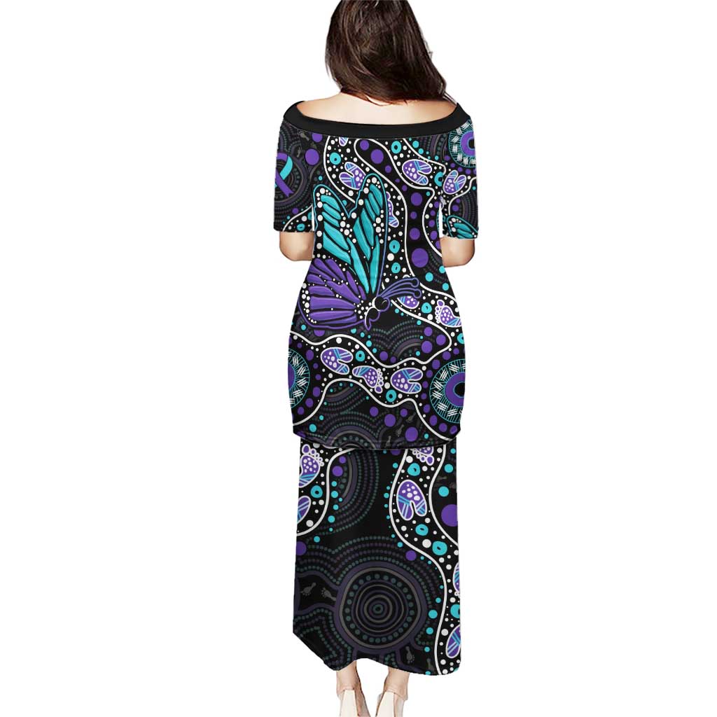 Australia Indigenous Puletasi Teal & Purple Ribbon Butterfly Aboriginal Arts