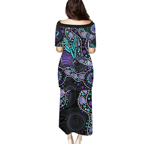 Australia Indigenous Puletasi Teal & Purple Ribbon Butterfly Aboriginal Arts
