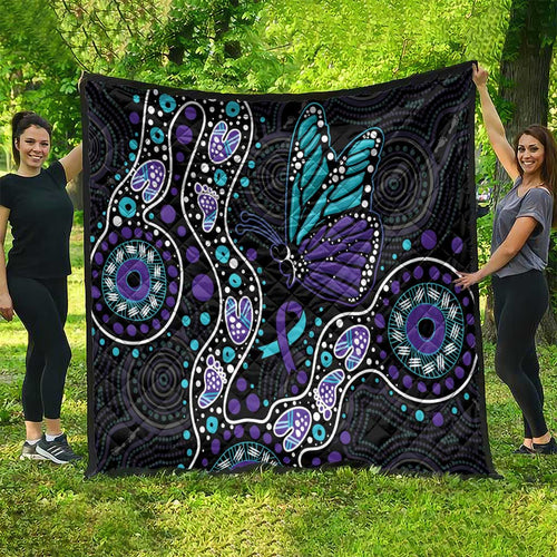 Australia Indigenous Quilt Teal & Purple Ribbon Butterfly Aboriginal Arts