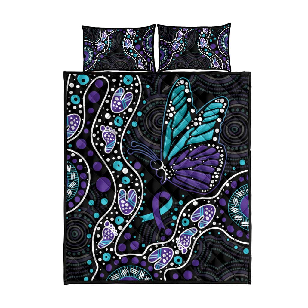 Australia Indigenous Quilt Bed Set Teal & Purple Ribbon Butterfly Aboriginal Arts