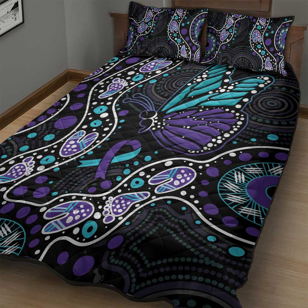 Australia Indigenous Quilt Bed Set Teal & Purple Ribbon Butterfly Aboriginal Arts