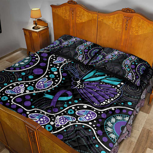 Australia Indigenous Quilt Bed Set Teal & Purple Ribbon Butterfly Aboriginal Arts