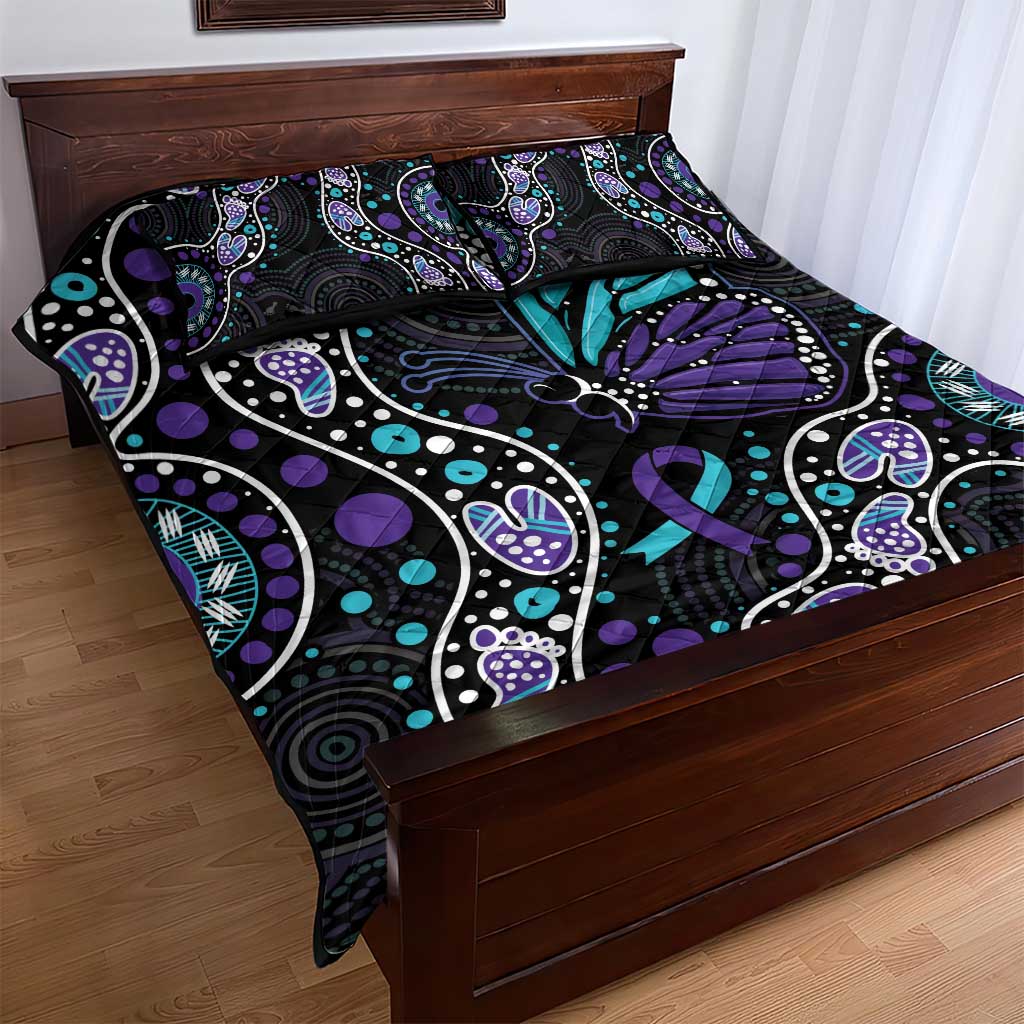 Australia Indigenous Quilt Bed Set Teal & Purple Ribbon Butterfly Aboriginal Arts