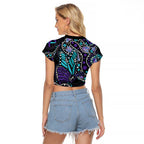 Australia Indigenous Raglan Cropped T Shirt Teal & Purple Ribbon Butterfly Aboriginal Arts