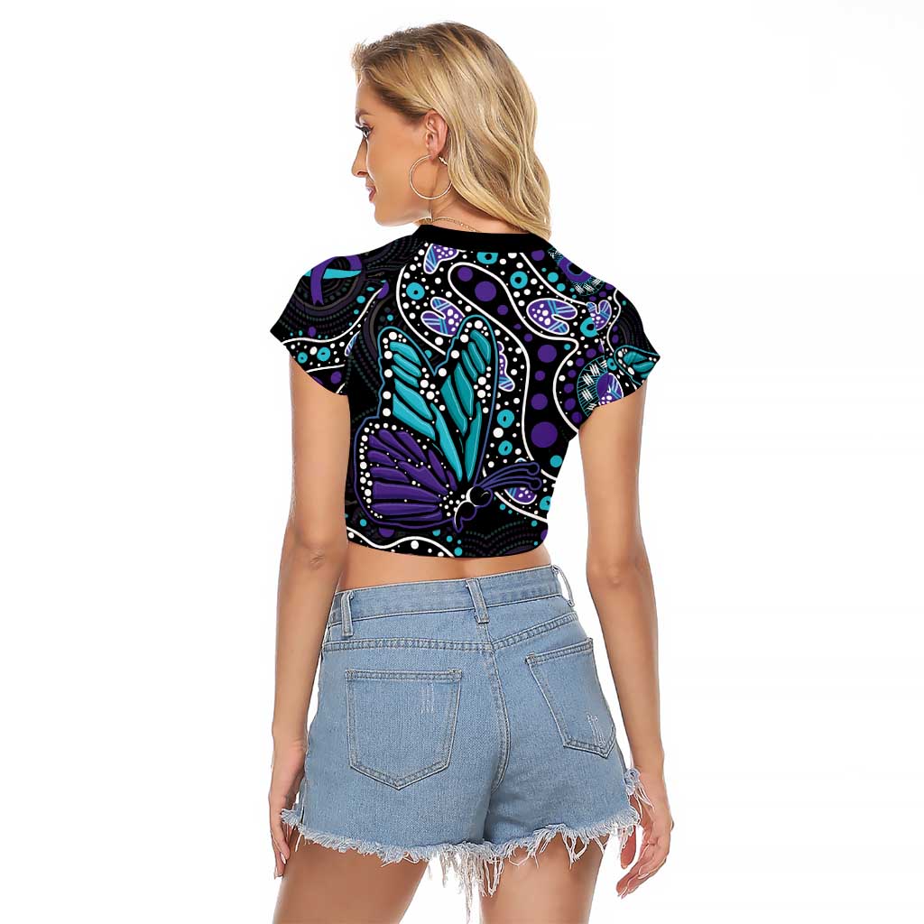 Australia Indigenous Raglan Cropped T Shirt Teal & Purple Ribbon Butterfly Aboriginal Arts