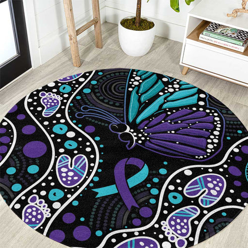 Australia Indigenous Round Carpet Teal & Purple Ribbon Butterfly Aboriginal Arts