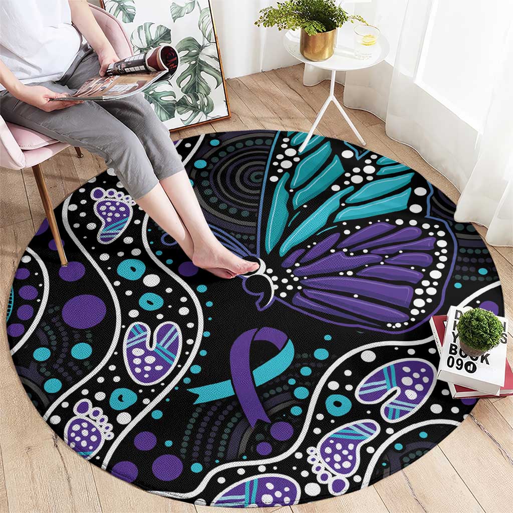 Australia Indigenous Round Carpet Teal & Purple Ribbon Butterfly Aboriginal Arts