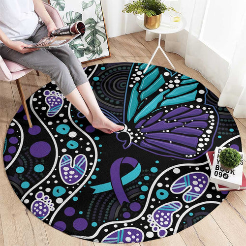 Australia Indigenous Round Carpet Teal & Purple Ribbon Butterfly Aboriginal Arts