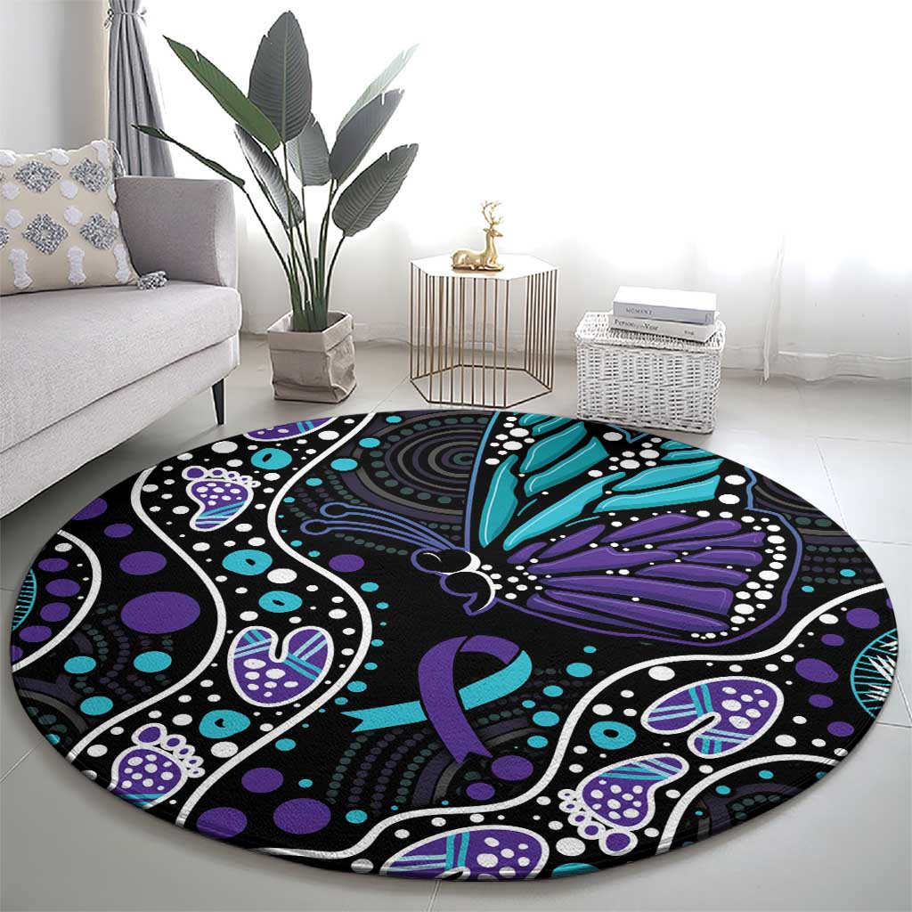 Australia Indigenous Round Carpet Teal & Purple Ribbon Butterfly Aboriginal Arts